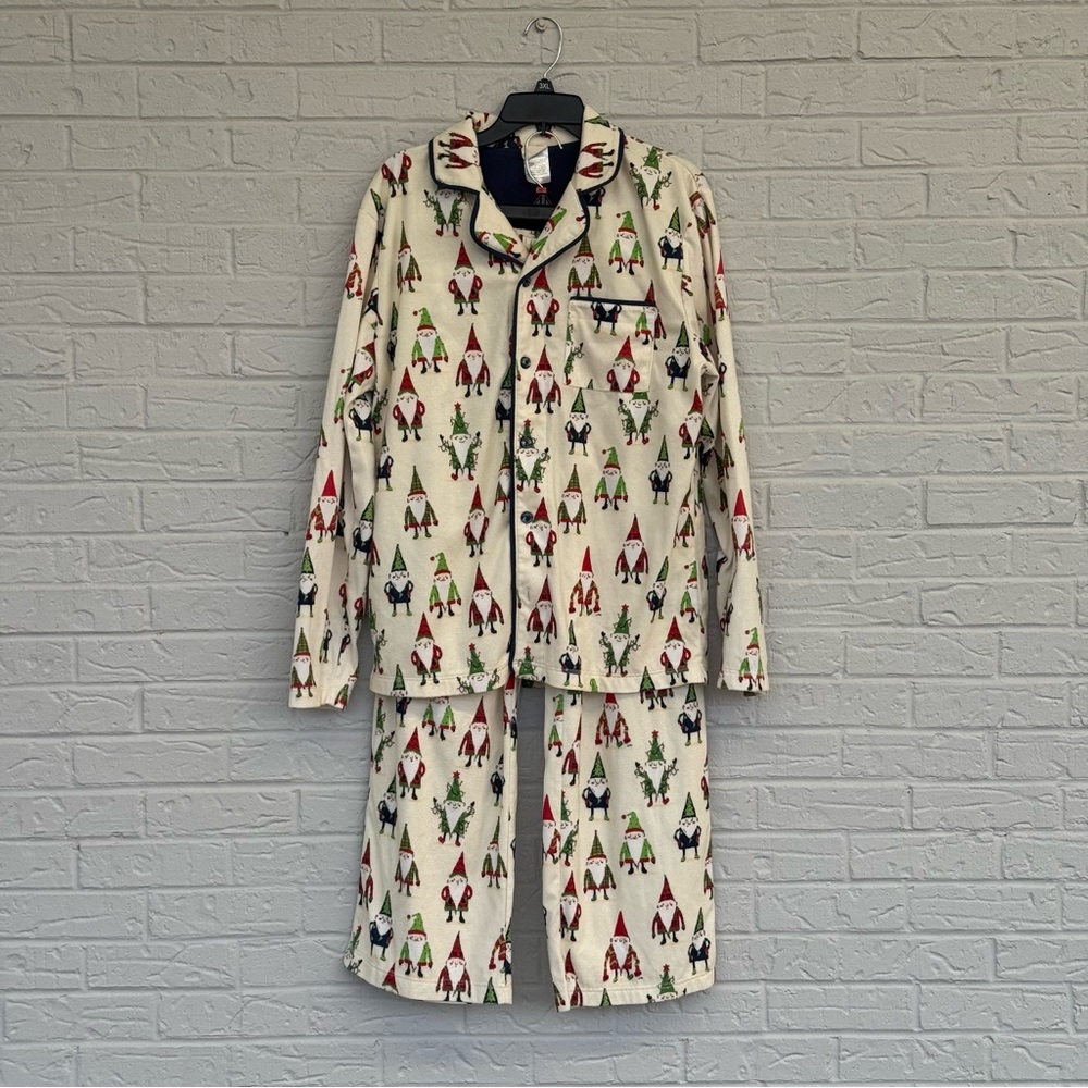 munki munki Cream Pajama Set with Red and Green Gnome Print